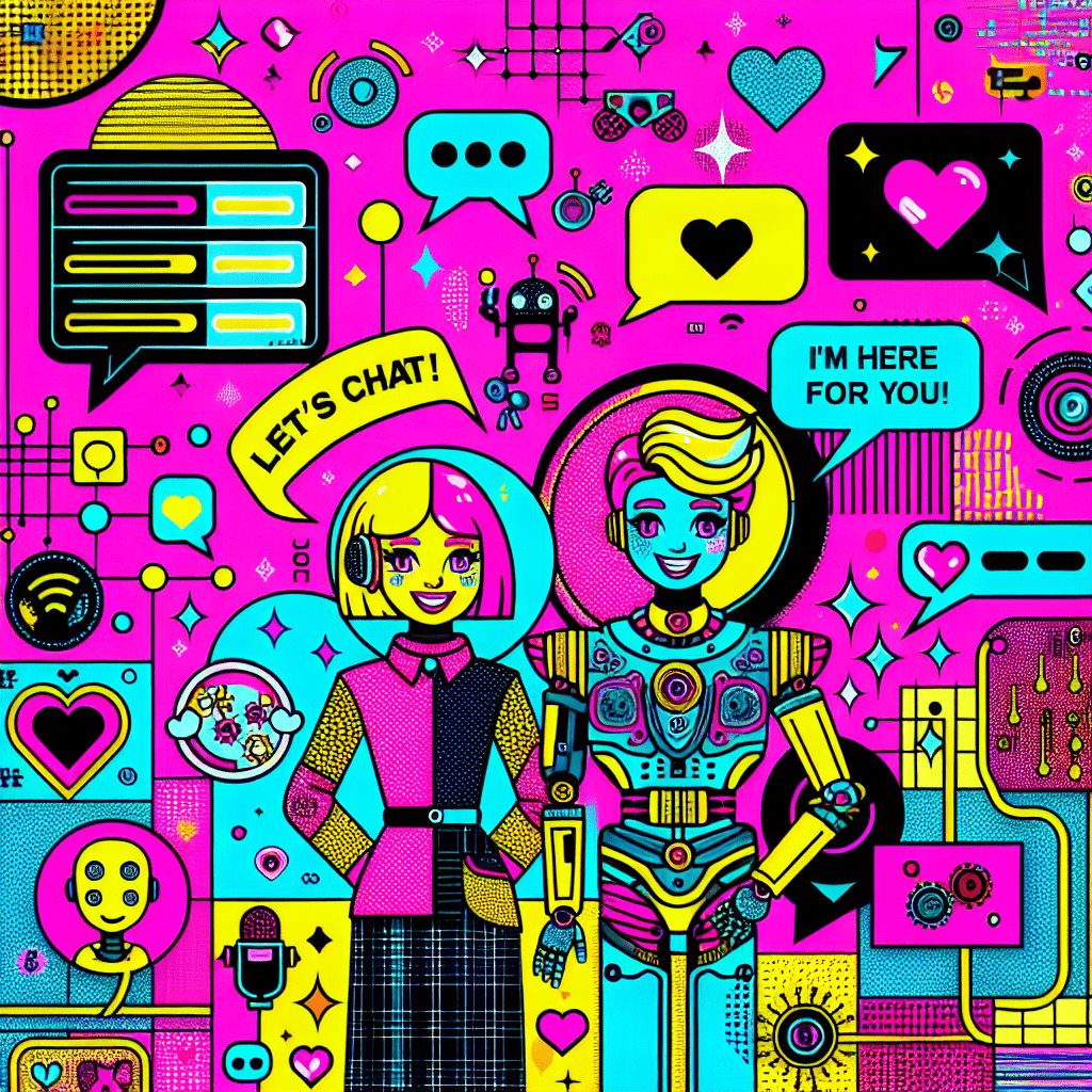 Cartoon-style virtual girlfriends with bright hair, playful expressions, and colorful speech bubbles say "Let's chat!" against a neon pink background, representing the top AI platforms for virtual girlfriends: Virtual Mate and LovePalz, with whimsical technology elements and bold pop-art title.