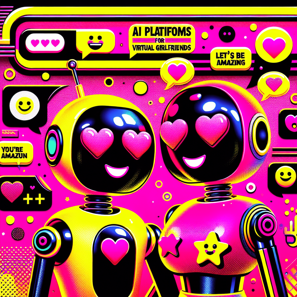 Vibrant Neon Pink background features two playful cartoonish AI companions in Bright Yellow and Black with heart and star-shaped heads, surrounded by fun thought bubbles with emojis and personalized messages, complemented by bold title text "Top AI Platforms for Virtual Girlfriends" in Bright Yellow and White, all designed to embody the youthful spirit of the All My Love brand, showcasing the focus on Top AI platforms for virtual girlfriends: Virtual Mate and SoulFun.