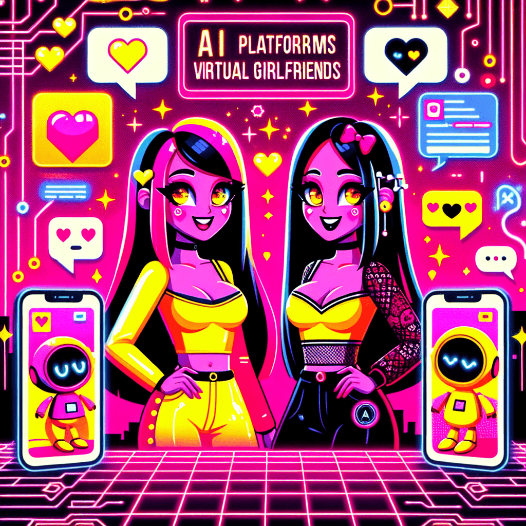 Cartoonish female AI companions in vibrant neon pink background, one in bright yellow and the other in black and white patterns, featuring playful facial expressions. Speech bubbles suggest conversations, while circuit patterns and hearts emphasize the tech theme. The title 'Top AI Platforms for Virtual Girlfriends' is boldly displayed, highlighting the playful and youthful style, showcasing the focus on ‘Top AI platforms for virtual girlfriends: Virtual Mate and SpicyChat’.