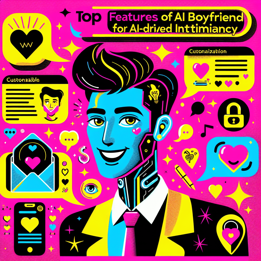 Cartoonish AI boyfriend character with exaggerated expressions on a vibrant Neon Pink background, surrounded by playful icons like speech bubbles, heart graphics, and digital elements, illustrating the top features of AI Boyfriend for AI-driven intimacy, with a bold title highlighting the blog's theme in Bright Yellow and Black.