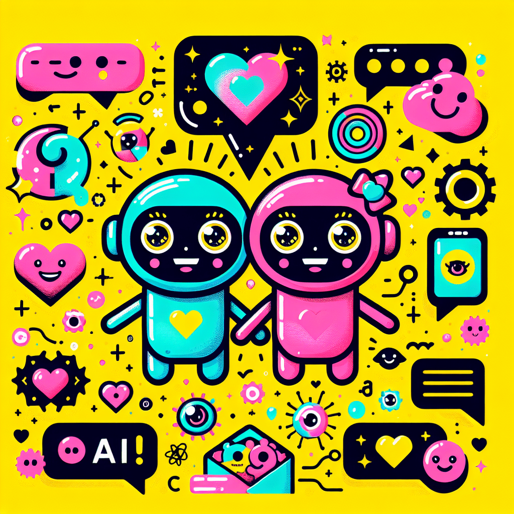 Vibrant and playful image featuring two cartoonish AI companions in neon pink and bright yellow against a bright yellow background, symbolizing connection with hearts and speech bubbles, representing the top features of AI Friend for AI-driven intimacy.