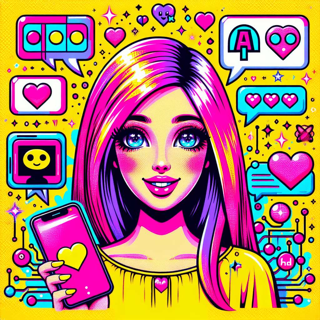 Vibrant pop-art style image featuring a cartoonish AI girlfriend character with bright pink features and a playful expression, holding a smartphone with a heart emoji. The background is bright yellow, surrounded by fun icons representing AI features like chat bubbles and circuits in black and white. The title "Top Features of AI Girlfriend for AI-Driven Intimacy" is displayed in bold, playful font, emphasizing the topic of AI companionship and intimacy. Whimsical stars and sparkles enhance the youthful vibe.