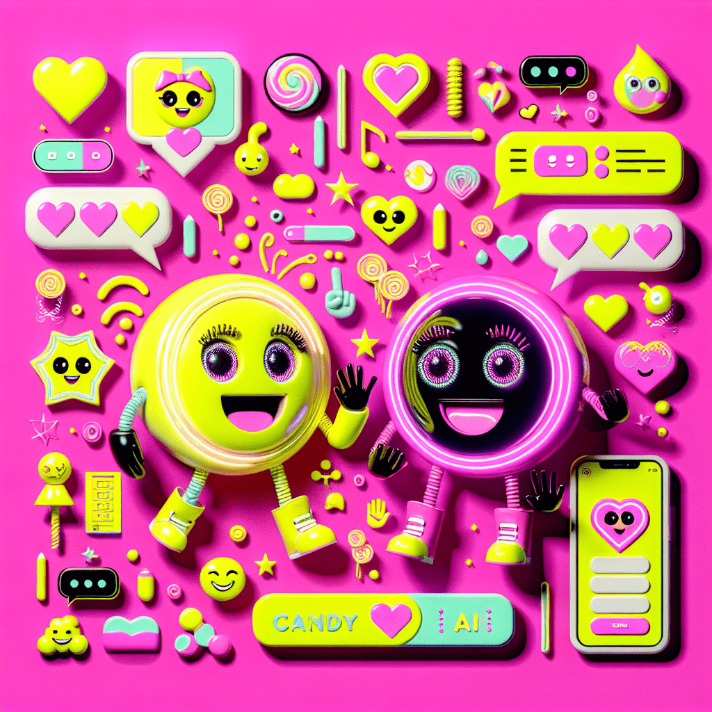 Vibrant Neon Pink background featuring playful AI companions in Bright Yellow and Black, surrounded by personalization icons like hearts and speech bubbles in Bright Yellow and White; bold text displaying "Top features of Candy.ai for AI-driven intimacy" prominently, with whimsical graphic elements emphasizing fun and tech-driven connections.