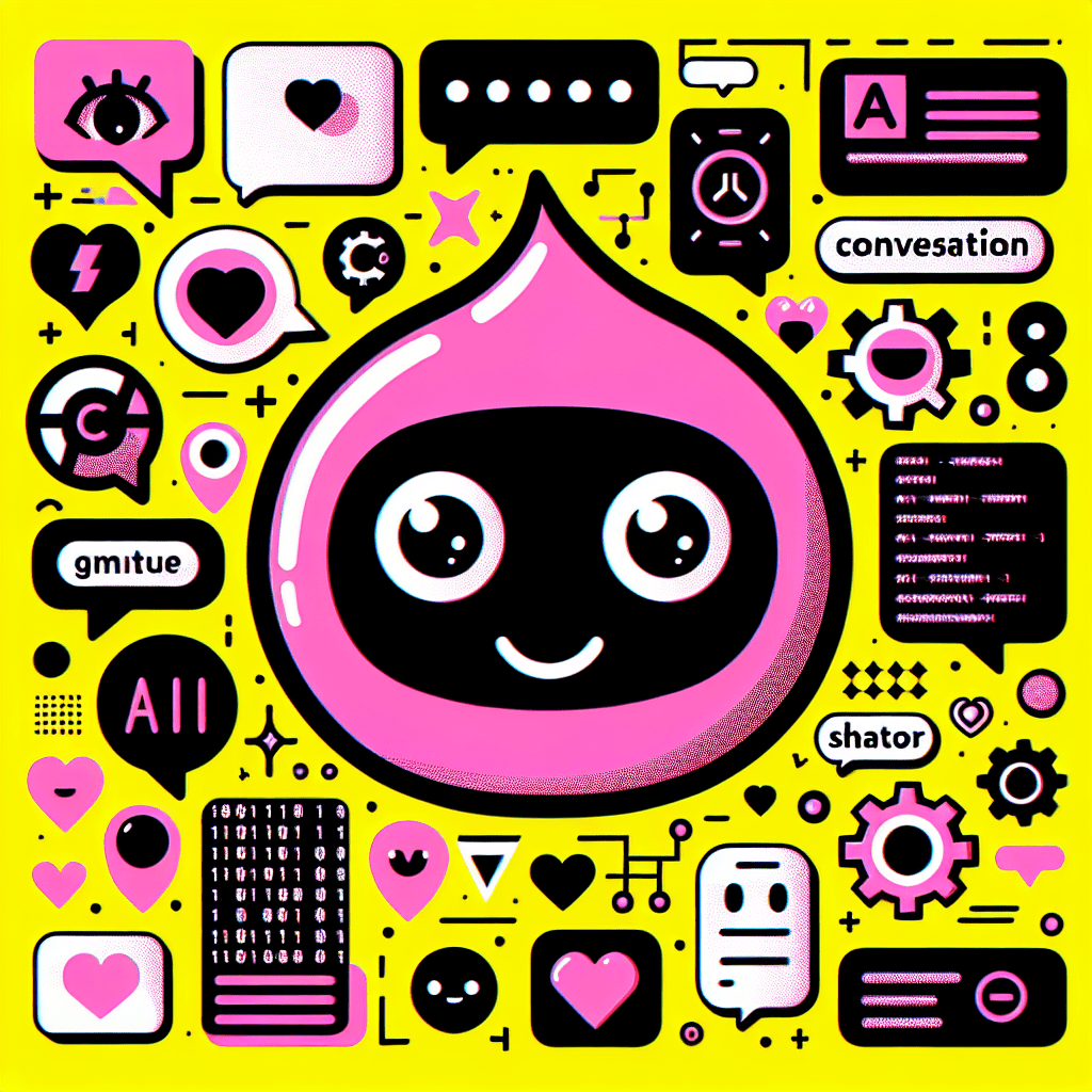 Cartoonish landscape featuring a bright yellow background with stylized speech bubbles, a playful neon pink AI companion character with oversized eyes and a friendly smile, surrounded by black and white icons of personalization like hearts and gears, along with emoji-style expressions and digital motifs, showcasing the top features of Character.ai for AI-driven intimacy in a fun, pop-art style.