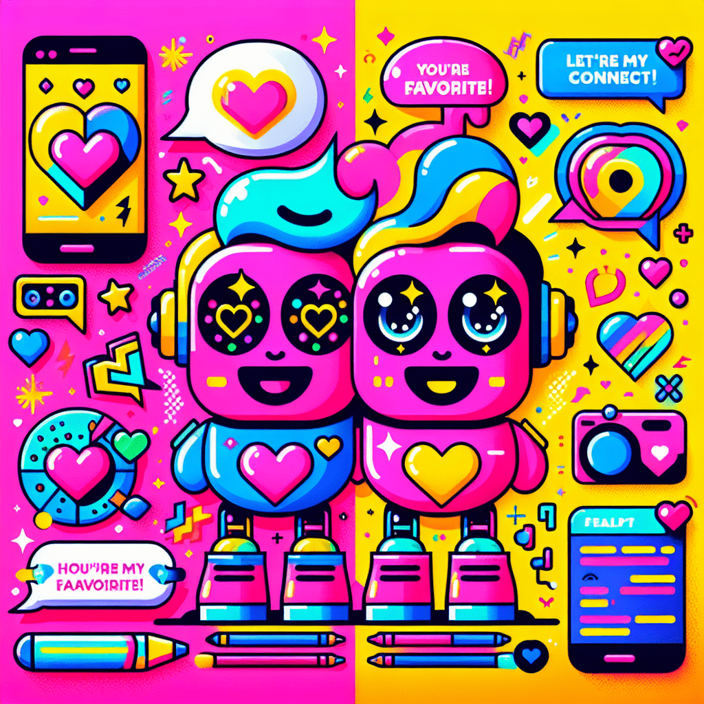 Vibrant featured image for the blog "Top Features of Crushon.ai for AI-Driven Intimacy Explained," showcasing two playful cartoonish AI companions with heart-shaped glasses and rainbow hair against a neon pink and bright yellow background, surrounded by customizable screens, affectionate speech bubbles, and colorful pop-art elements, capturing the essence of fun and connection.