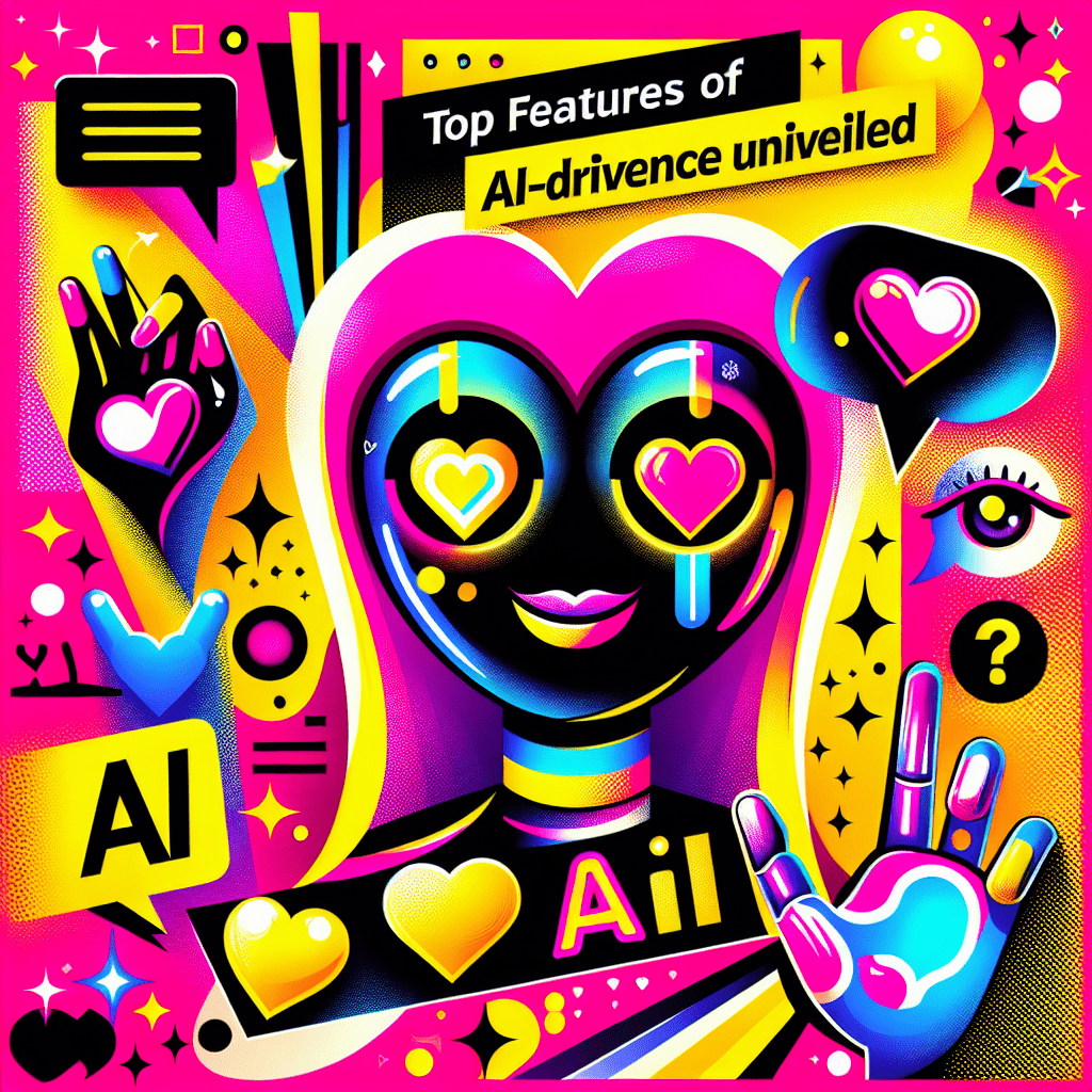 Colorful pop-art illustration featuring a friendly AI companion with expressive eyes and a playful smile on a neon pink background. The design highlights the top features of DreamGF.ai for AI-driven intimacy, surrounded by love hearts, speech bubbles with flirty phrases, and abstract arms reaching out, all enhanced by dynamic geometric shapes and sparkles. The title "Top Features of DreamGF.ai" prominently displayed in bold black font adds to the energetic vibe of the image.