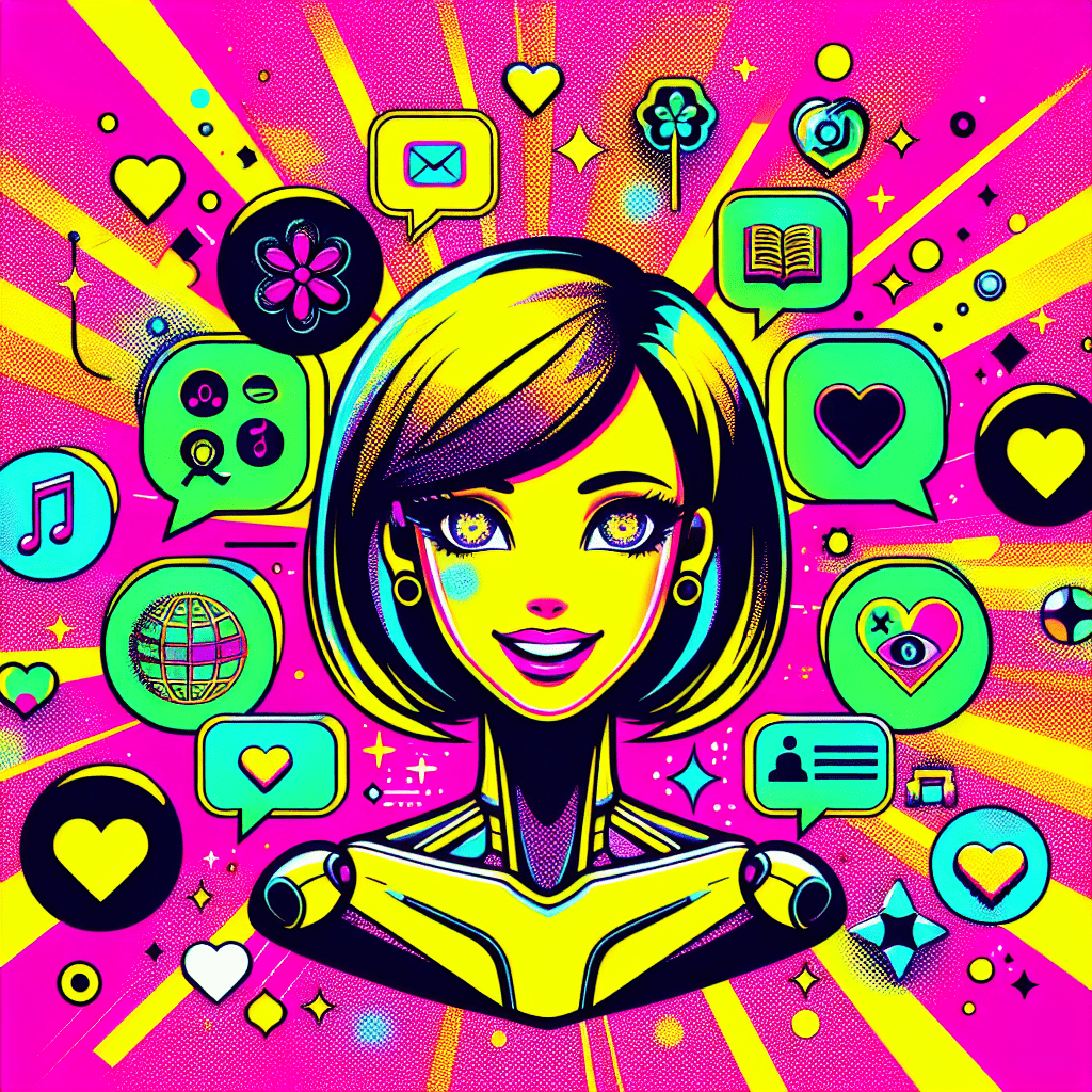 Bright neon pink background with a cartoonish AI companion character, GirlfriendGPT, featuring a vibrant yellow body, oversized eyes, and a friendly smile. Surrounded by heart-shaped icons in yellow and white representing personal interests, the image includes bold black text saying "Top Features of GirlfriendGPT" and a speech bubble, with "for AI-Driven Intimacy" below in white. Whimsical black and white geometric shapes enhance the playful pop-art aesthetic.