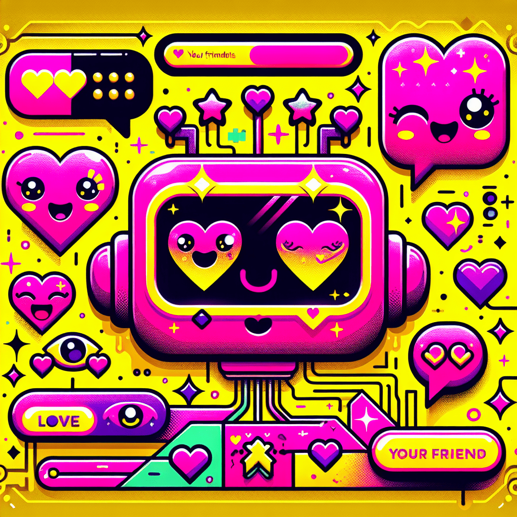 Vibrant pop-art scene featuring two cartoonish AI companions—a cute robot with a heart-shaped screen and a delightful chat bubble—against a bright yellow background. Playful personalized elements like heart-shaped glasses and a badge saying "Your Friend" enhance the theme. Stylized hearts, stars, and winking emojis convey intimacy. The text "Top Features of LovePalz for AI-Driven Intimacy Unveiled" pops in neon pink and black, creating a fun and energetic atmosphere.