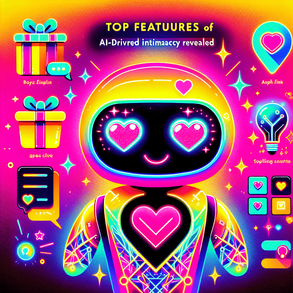 Vibrant gradient background of neon pink and bright yellow featuring a playful cartoon AI companion with a heart-shaped mouth, surrounded by colorful icons symbolizing personalized communication and intimacy, along with digital stars, illustrating the top features of Muah.ai for AI-driven intimacy