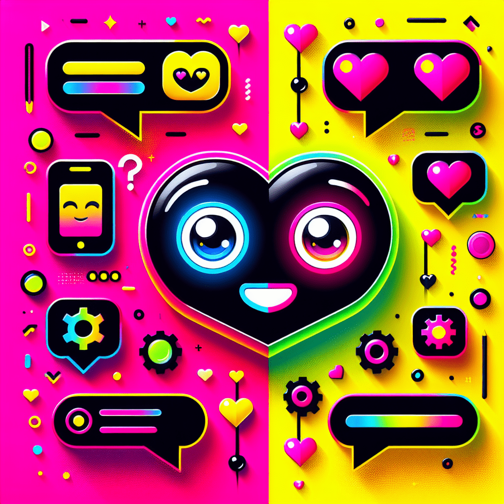 AI character surrounded by vibrant split backgrounds of Neon Pink and Bright Yellow, oversized hearts, and playful speech bubbles, illustrating the top features of ProjectX.AI for AI-driven intimacy with bold title text and fun icons.