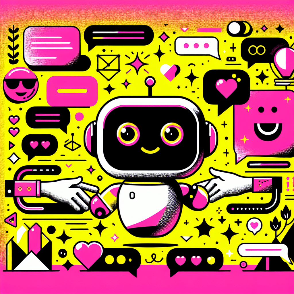 Bright yellow background featuring a cartoonish AI companion character in Neon Pink and Black, surrounded by playful symbols of intimacy like speech bubbles with hearts, cozy emoji pairs, and fun geometric shapes, with the blog title "Top Features of Replika for AI-Driven Intimacy Explained" in bold Black text highlighted with Neon Pink accents.