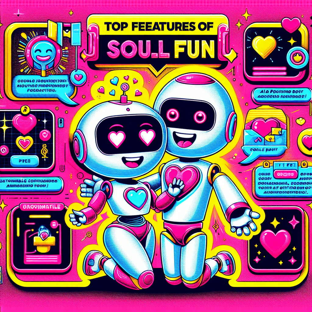 Vibrant featured image for the blog "Top Features of SoulFun for AI-Driven Intimacy Explained" with neon pink background, playful AI companions, personalization icons, and bold colorful text, evoking excitement about AI-driven companionship.