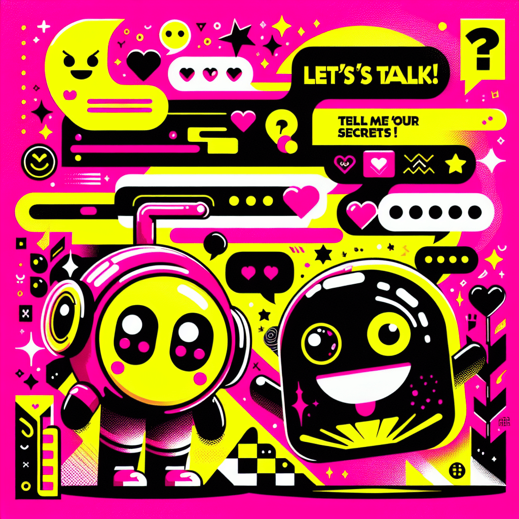 Vibrant cartoon-style image featuring a friendly AI robot and a playful chat bubble against a neon pink background, surrounded by heart motifs and tech icons, showcasing the top features of SpicyChat for AI-driven intimacy with a bold title overlay.