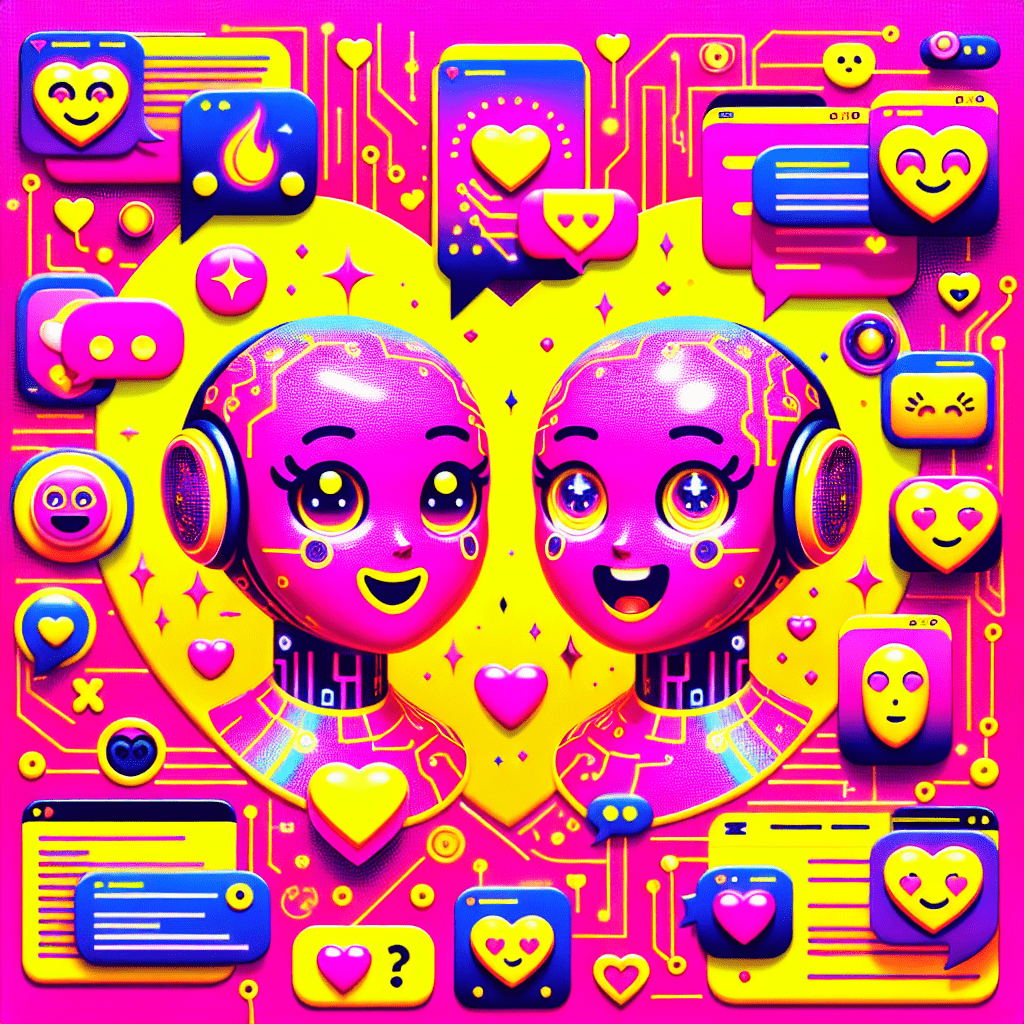 Bright Neon Pink background with vibrant Bright Yellow hearts and stars, featuring two playful cartoonish AI companions—one humanoid and the other tech-inspired—both with large expressive eyes and friendly smiles. Surrounding them are heart-shaped icons and chat bubbles with personalized messages, encapsulating the essence of connection and intimacy. The blog title "Top Features of Virtual Mate for AI-Driven Intimacy" is displayed in a bold, funky font in Bright Yellow, adding energetic flair, alongside floating emojis and playful romantic icons, reflecting the playful and intimate nature of AI interactions.