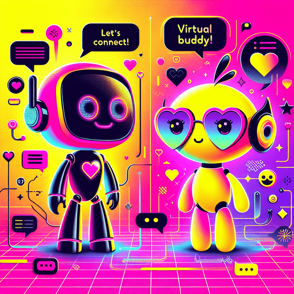 AI companions in a vibrant gradient background showcase the Virtual Mate review: Enhancing virtual relationships, featuring a pink robot and a cute heart character, complemented by playful speech bubbles and accessories, embodying fun and connectivity.