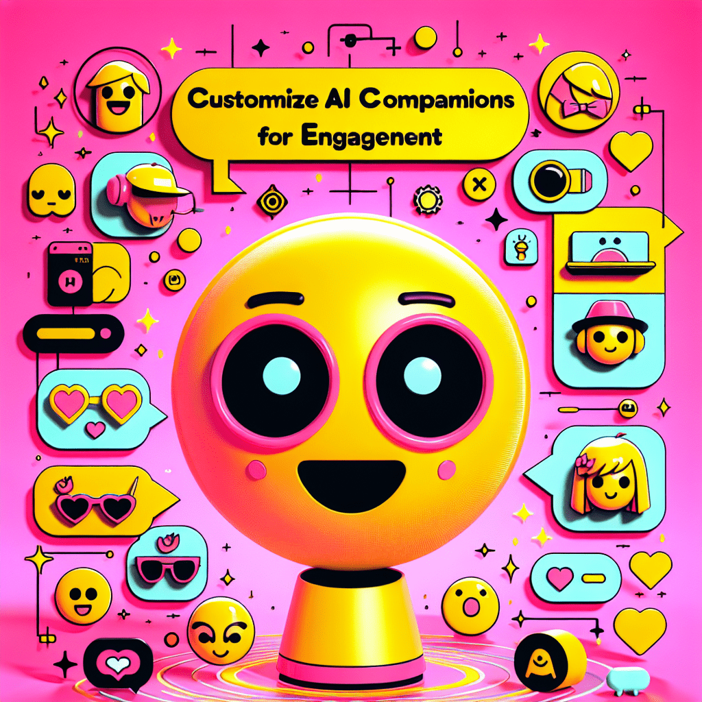 Colorful cartoonish AI companion character with a friendly face and playful features on a vibrant Neon Pink background, surrounded by customization accessories and interactive icons, showcasing the blog "Virtual Mate Tutorial: How to customize AI companions for better engagement" with bold text and fun shapes.