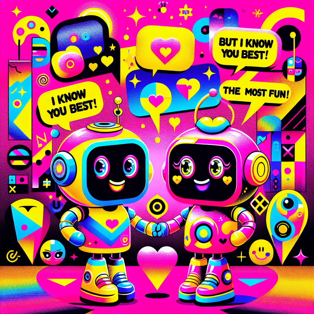 Vibrant pop-art style image featuring two cartoonish AI companions with playful expressions on a bright Neon Pink background, surrounded by abstract patterns in Bright Yellow and Black. The robot and humanoid characters symbolize personalization with unique accessories. Speech bubbles highlight the playful competition with phrases "I know you best!" and "But I'm the most fun!" scattered with hearts, stars, and emojis. The title 'Virtual Mate vs. Virtual Mate: Which is Best for AI Relationships?' is prominently displayed in bold cartoonish typography, showcasing the fun and personalized nature of AI-driven relationships.