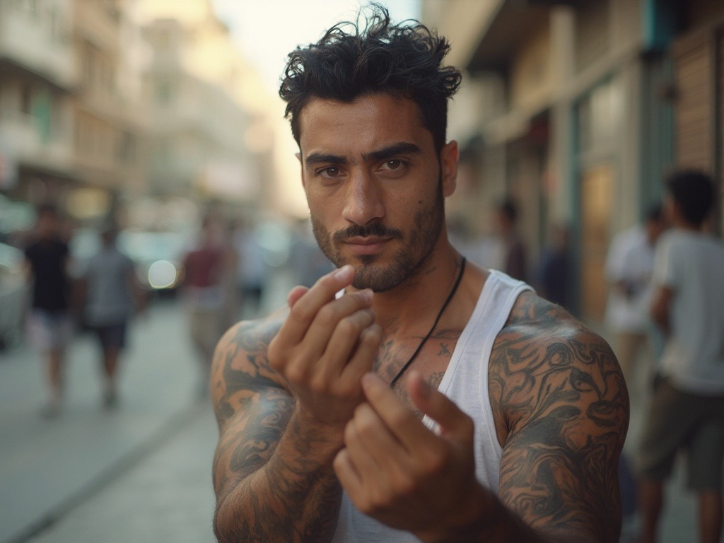 Photograph of a 30-year-old Egyptian athletic male with brown eyes and black hair