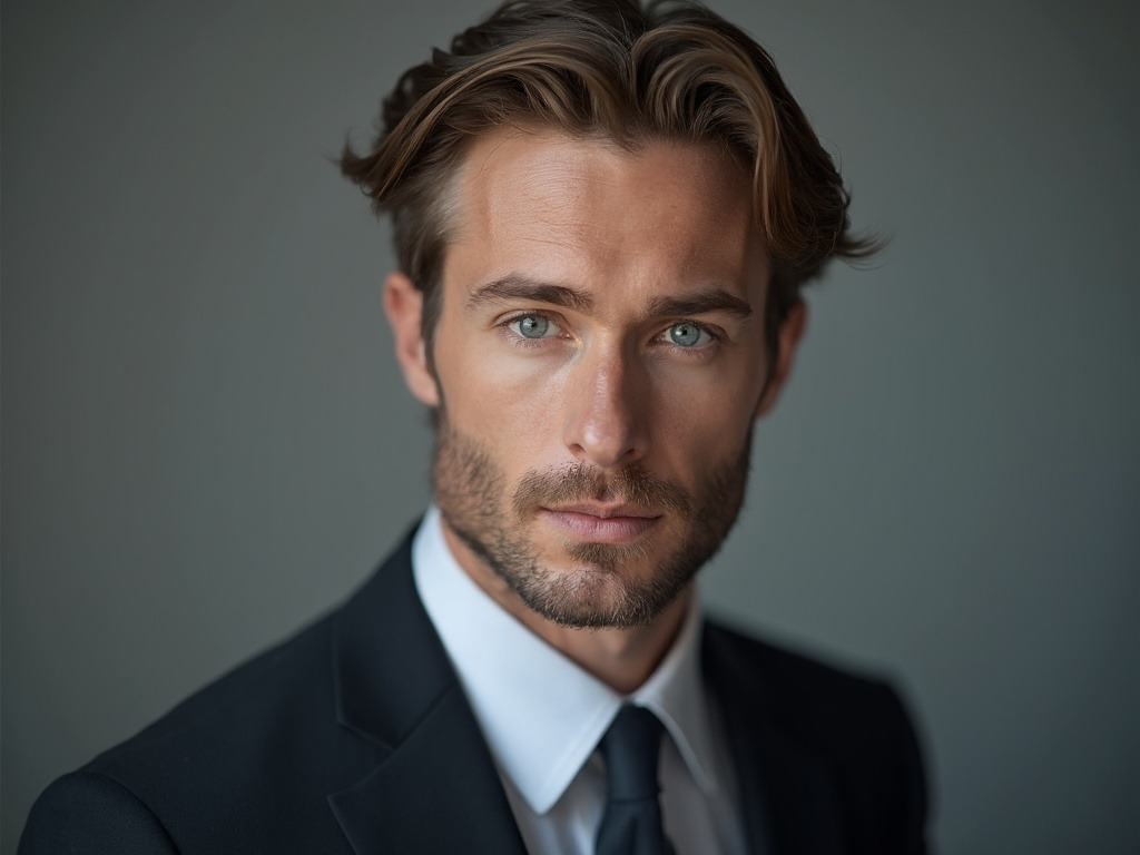 Professional studio shot of a 26-year-old Russian man with blue eyes and light brown hair