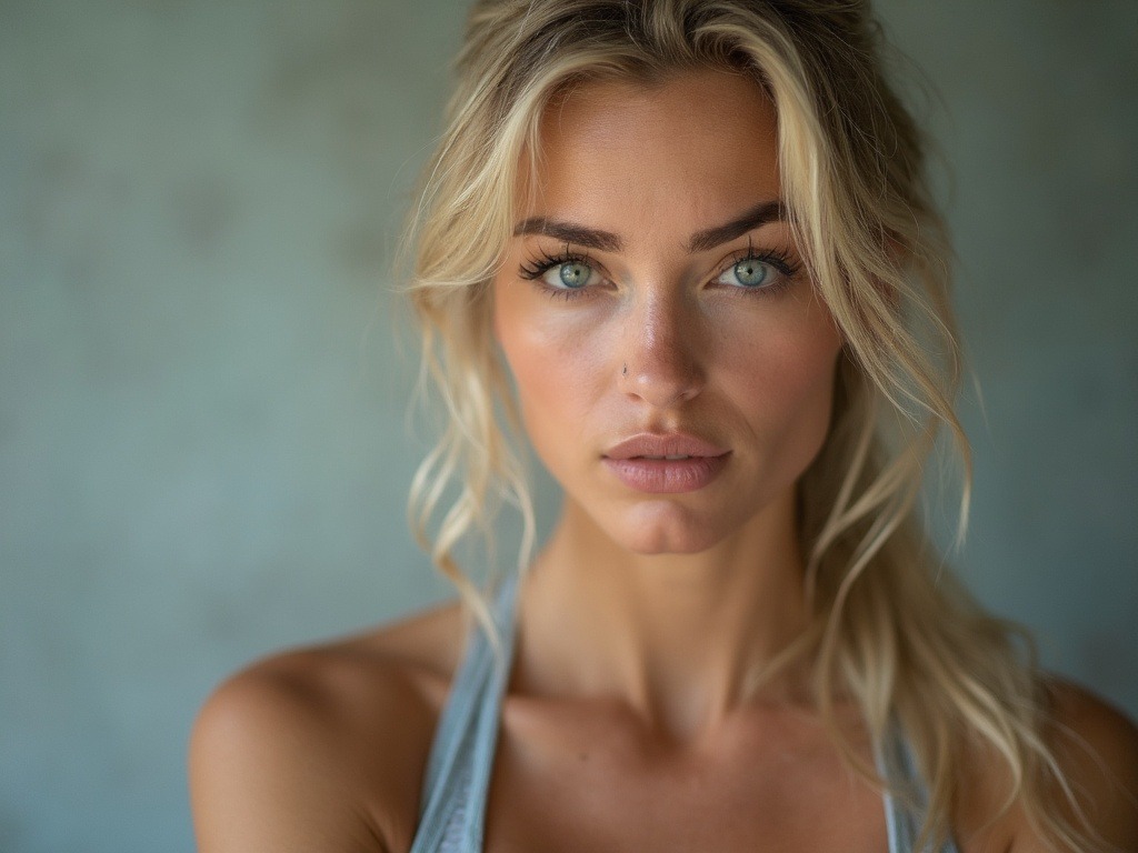 Professional studio shot of a 27-year-old athletic German woman with blue eyes and blonde hair