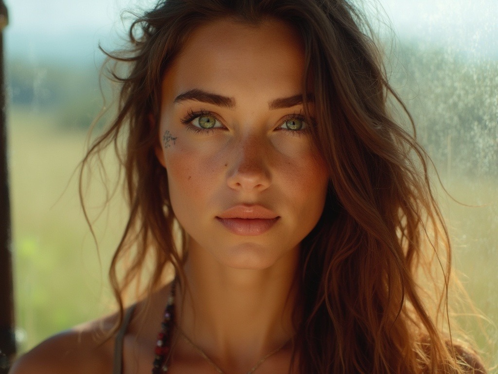 Professional studio shot of a 24-year-old Australian girl with an athletic build and bohemian fashion style