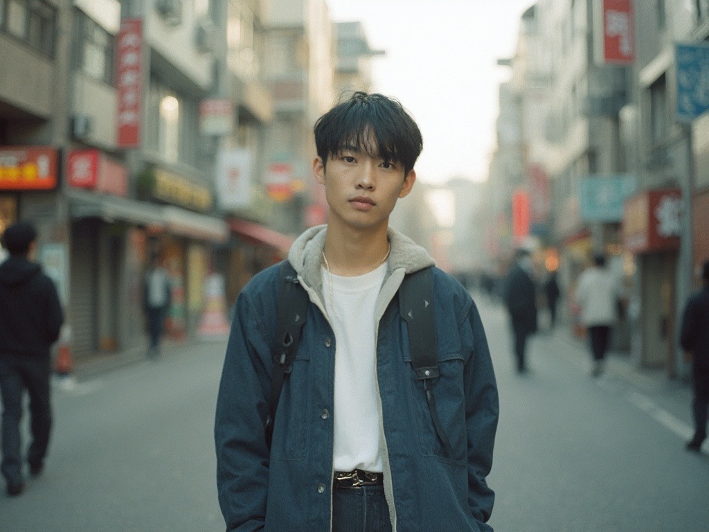 Kodak film photo capturing a 2010s streetwear style; a 27-year-old Japanese male with black hair and black eyes stands gracefully